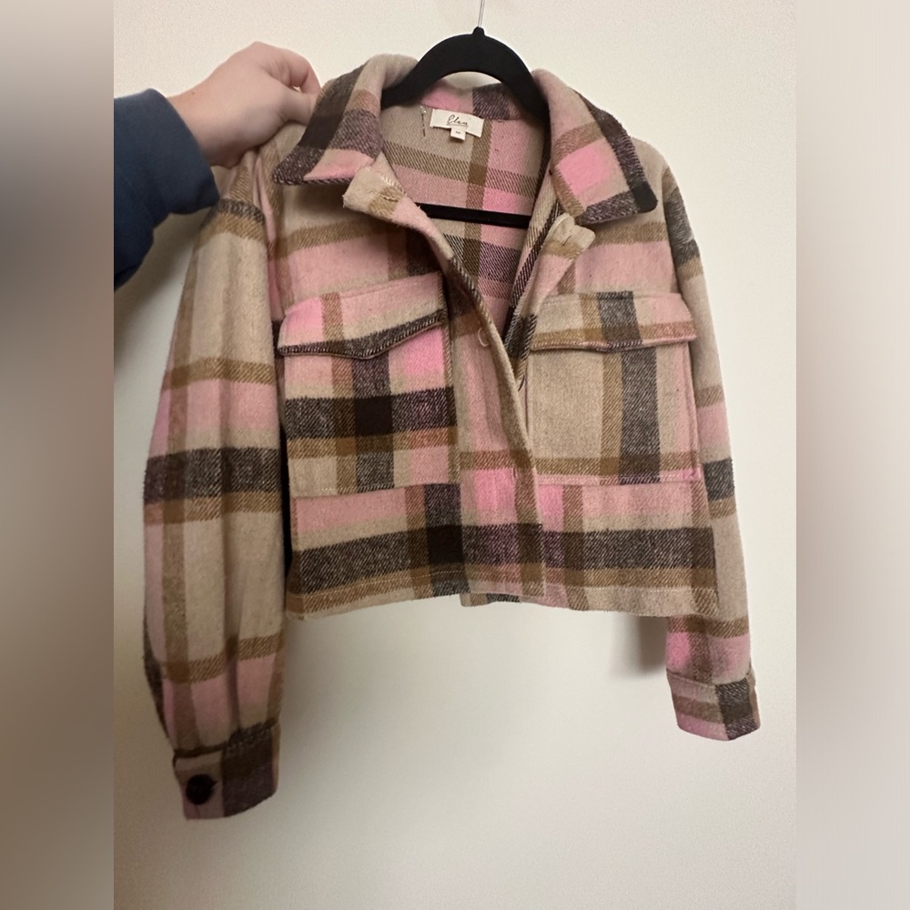 Tan and pink plaid cropped shacket